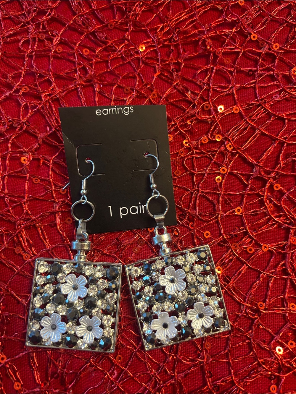 Silver Floral Crystal Square Drop Earrings in Black